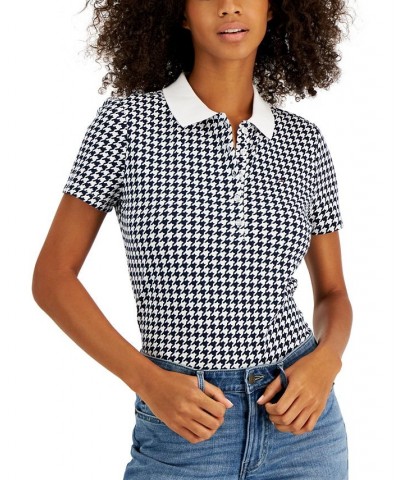 Women's Short Sleeve Houndstooth Print Polo Top White $26.79 Tops