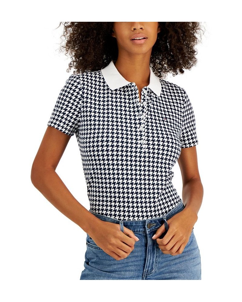 Women's Short Sleeve Houndstooth Print Polo Top White $26.79 Tops