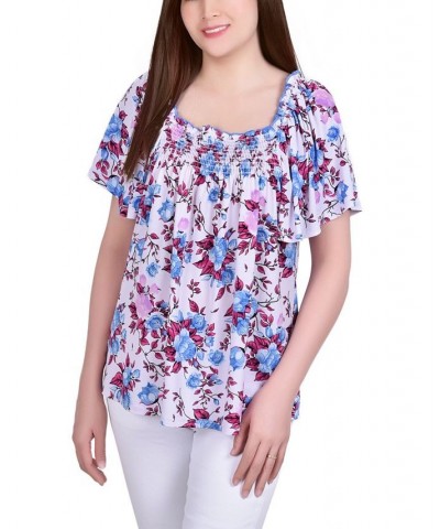 Plus Size Short Sleeve Square Neck Crepe Top with Smocked Front Lavender Floral $13.72 Tops