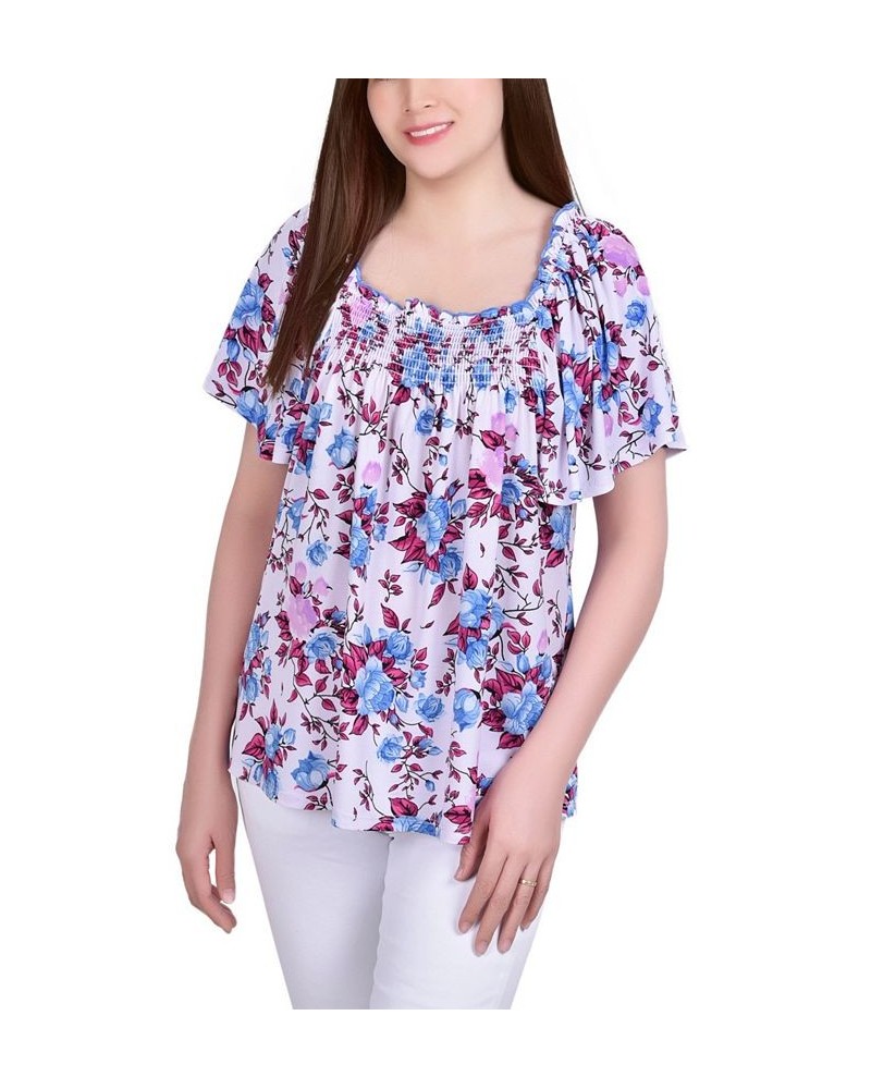 Plus Size Short Sleeve Square Neck Crepe Top with Smocked Front Lavender Floral $13.72 Tops