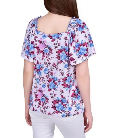 Plus Size Short Sleeve Square Neck Crepe Top with Smocked Front Lavender Floral $13.72 Tops