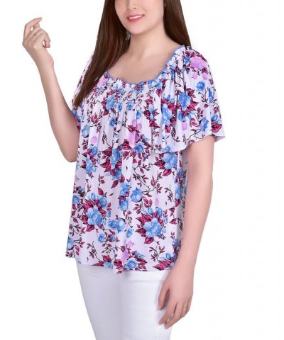 Plus Size Short Sleeve Square Neck Crepe Top with Smocked Front Lavender Floral $13.72 Tops