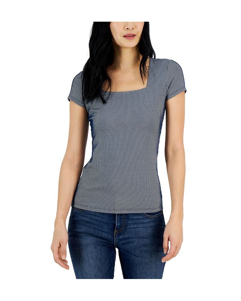 Women's Ribbed Square-Neck T-Shirt Blue $11.67 Tops