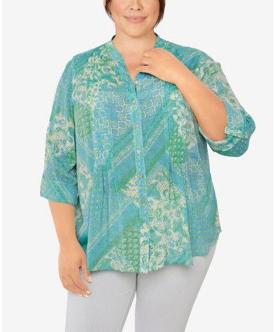 Plus Size Silky Gauze Printed Button Front Top Waterfall Blue Multi $31.82 Tops