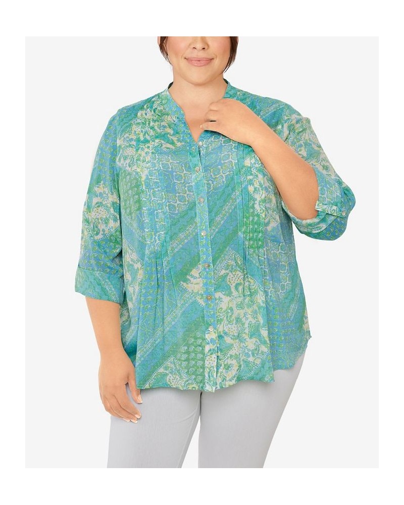 Plus Size Silky Gauze Printed Button Front Top Waterfall Blue Multi $31.82 Tops