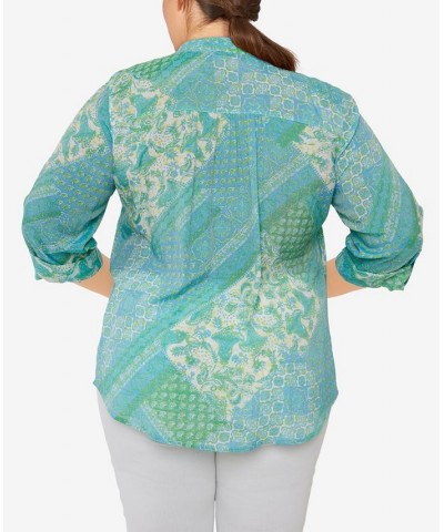 Plus Size Silky Gauze Printed Button Front Top Waterfall Blue Multi $31.82 Tops