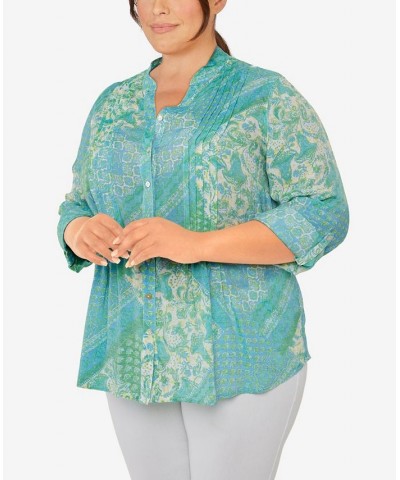 Plus Size Silky Gauze Printed Button Front Top Waterfall Blue Multi $31.82 Tops