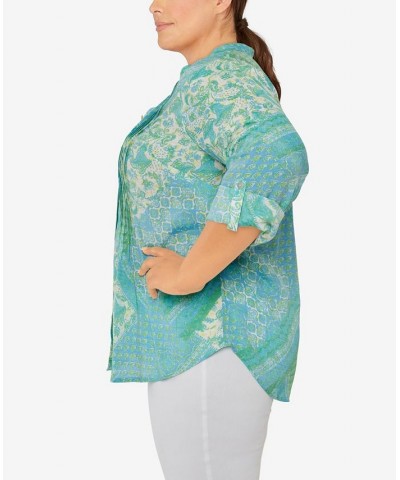 Plus Size Silky Gauze Printed Button Front Top Waterfall Blue Multi $31.82 Tops