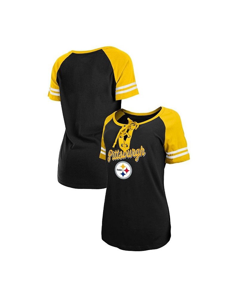 Women's Black Gold Pittsburgh Steelers Logo Lace-Up Raglan T-shirt Black $23.52 Tops