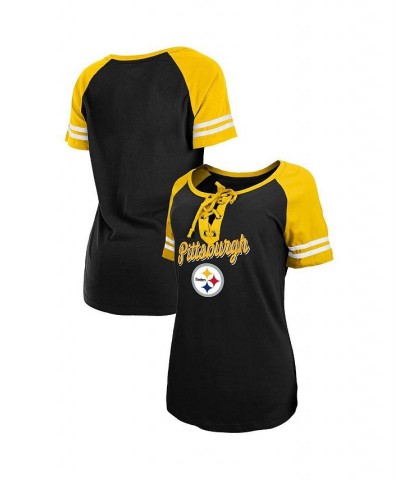 Women's Black Gold Pittsburgh Steelers Logo Lace-Up Raglan T-shirt Black $23.52 Tops