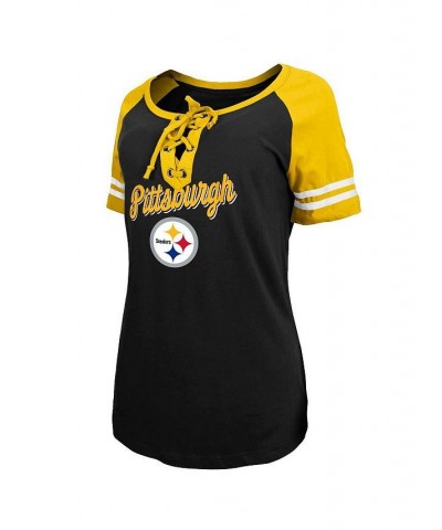 Women's Black Gold Pittsburgh Steelers Logo Lace-Up Raglan T-shirt Black $23.52 Tops