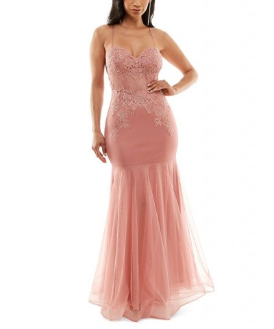 Juniors' Embroidered Tulle-Skirt Sleeveless Gown Rose $46.53 Dresses