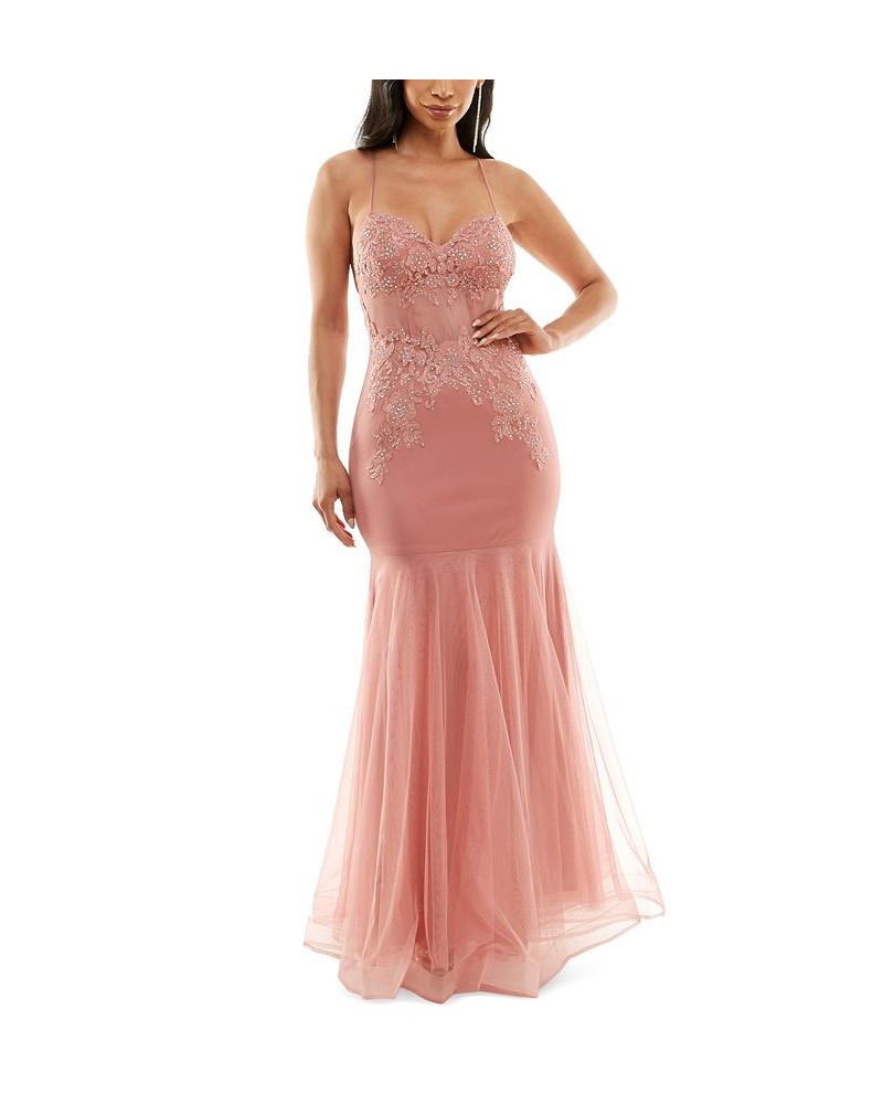 Juniors' Embroidered Tulle-Skirt Sleeveless Gown Rose $46.53 Dresses