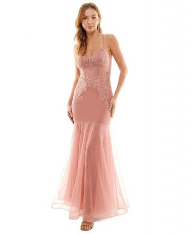 Juniors' Embroidered Tulle-Skirt Sleeveless Gown Rose $46.53 Dresses