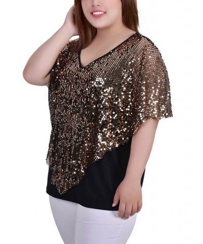 Plus Size Sequin-Front Poncho Top Gold $15.77 Tops