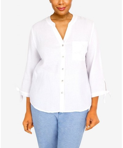 Petite Set Sail Gauze Tie Sleeve Button Down Top White $30.58 Tops