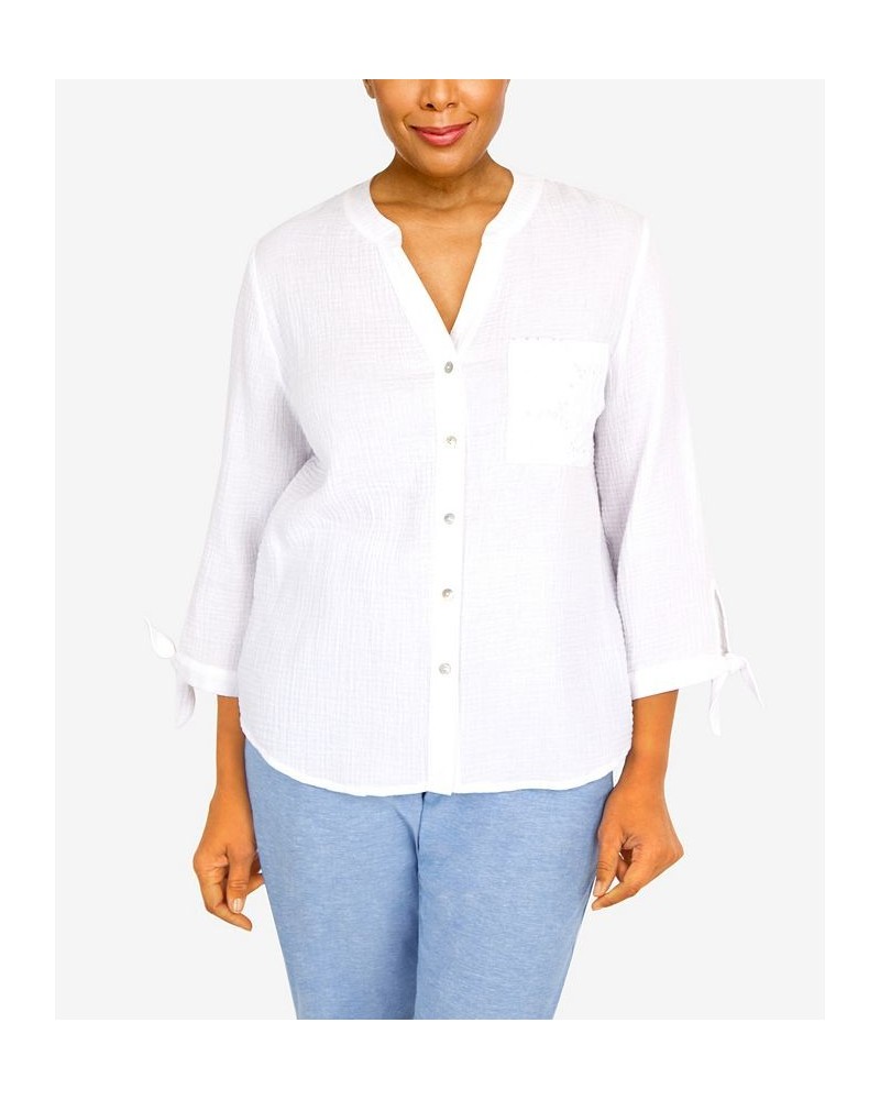 Petite Set Sail Gauze Tie Sleeve Button Down Top White $30.58 Tops