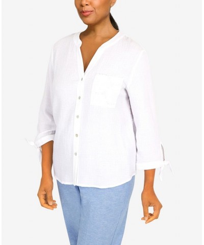 Petite Set Sail Gauze Tie Sleeve Button Down Top White $30.58 Tops