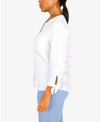 Petite Set Sail Gauze Tie Sleeve Button Down Top White $30.58 Tops