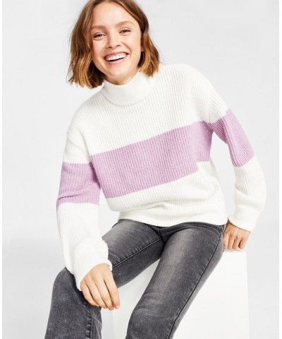 Juniors' Mock-Neck Striped Long-Sleeve Sweater Purple $12.11 Sweaters