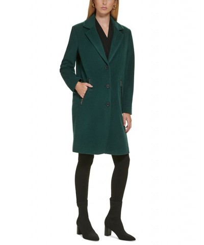 Women's Petite Button-Front Zip-Pocket Walker Coat Green $74.00 Coats