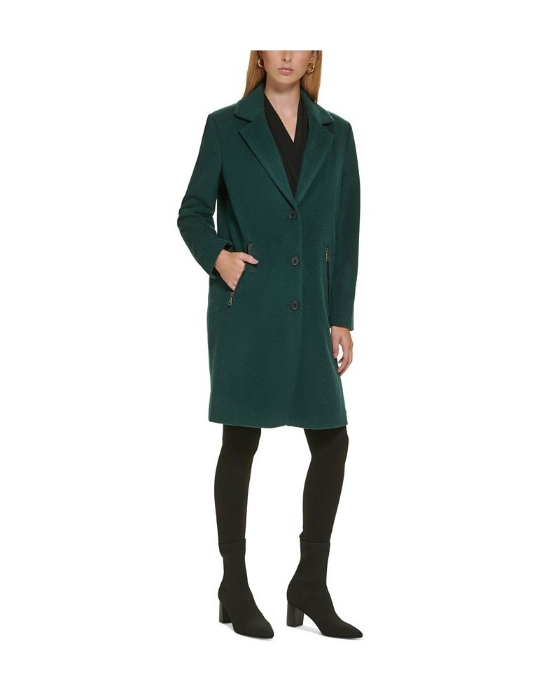 Women's Petite Button-Front Zip-Pocket Walker Coat Green $74.00 Coats