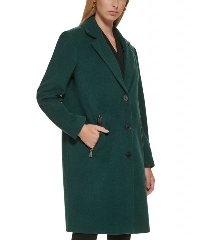 Women's Petite Button-Front Zip-Pocket Walker Coat Green $74.00 Coats