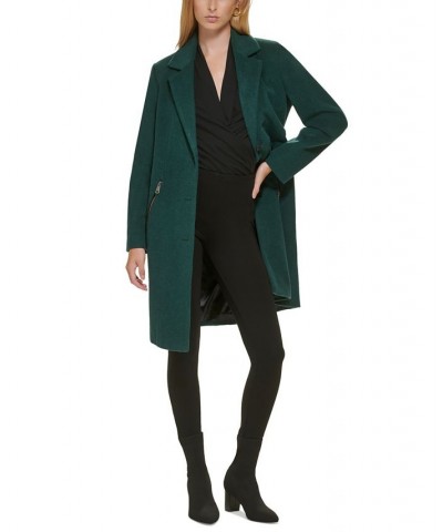 Women's Petite Button-Front Zip-Pocket Walker Coat Green $74.00 Coats