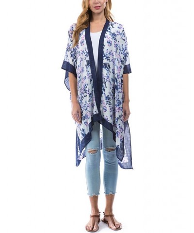 Women's Tossed Floral Lightweight Topper Kimono Blue $32.37 Tops