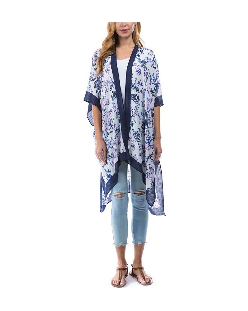 Women's Tossed Floral Lightweight Topper Kimono Blue $32.37 Tops