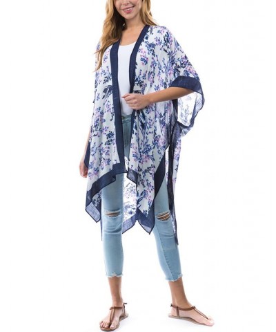 Women's Tossed Floral Lightweight Topper Kimono Blue $32.37 Tops