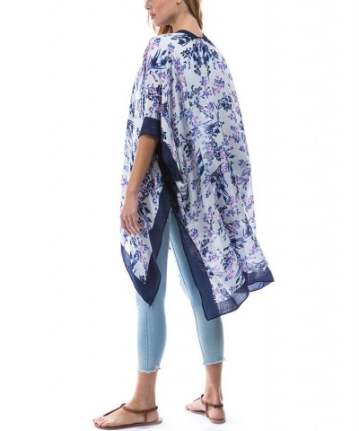 Women's Tossed Floral Lightweight Topper Kimono Blue $32.37 Tops