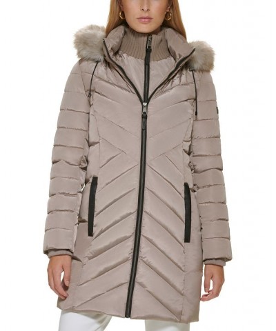 Women's Faux-Fur-Trim Hooded Water-Resistant Puffer Coat Tan/Beige $72.00 Coats