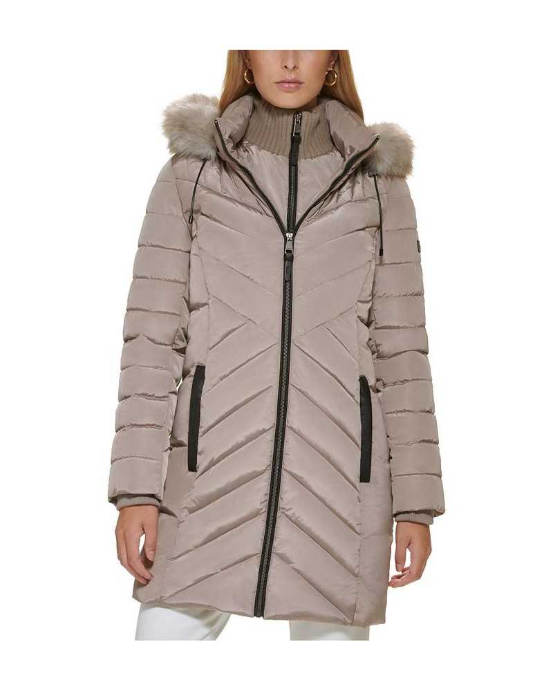 Women's Faux-Fur-Trim Hooded Water-Resistant Puffer Coat Tan/Beige $72.00 Coats