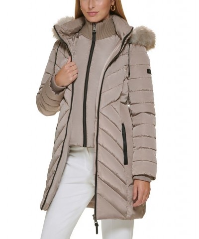 Women's Faux-Fur-Trim Hooded Water-Resistant Puffer Coat Tan/Beige $72.00 Coats