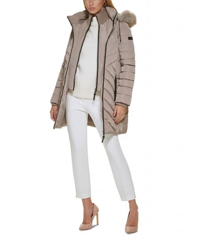 Women's Faux-Fur-Trim Hooded Water-Resistant Puffer Coat Tan/Beige $72.00 Coats