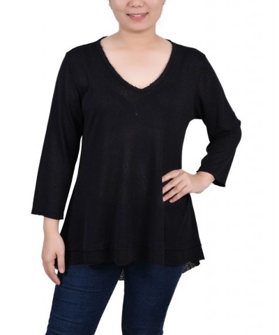 Petite 3/4 Sleeve V-neck Top Black $14.08 Tops