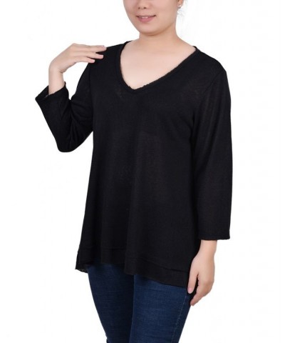 Petite 3/4 Sleeve V-neck Top Black $14.08 Tops