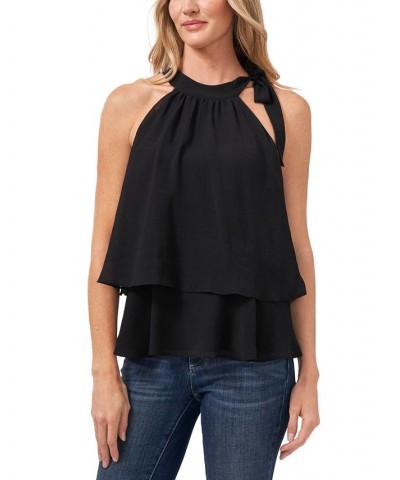 Women's Tiered Tie-Neck Sleeveless Halter Blouse Rich Black $23.76 Tops