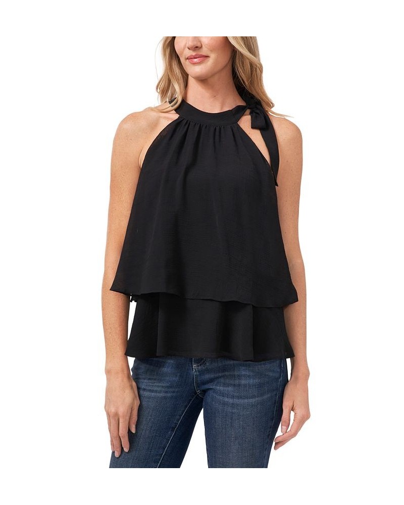 Women's Tiered Tie-Neck Sleeveless Halter Blouse Rich Black $23.76 Tops