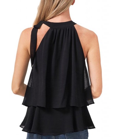 Women's Tiered Tie-Neck Sleeveless Halter Blouse Rich Black $23.76 Tops