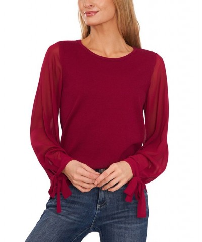 Women's Cotton Chiffon-Sleeve Mixed-Media Sweater Red $26.98 Sweaters