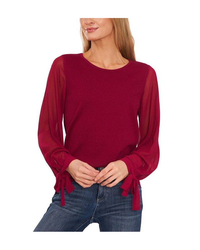 Women's Cotton Chiffon-Sleeve Mixed-Media Sweater Red $26.98 Sweaters