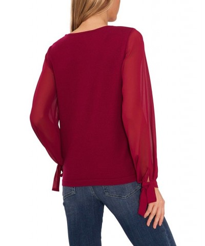 Women's Cotton Chiffon-Sleeve Mixed-Media Sweater Red $26.98 Sweaters