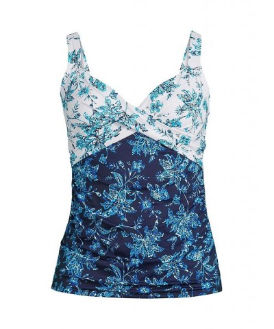 Women's Plus Size Long V-Neck Wrap Underwire Tankini Swimsuit Top Blue $44.62 Swimsuits