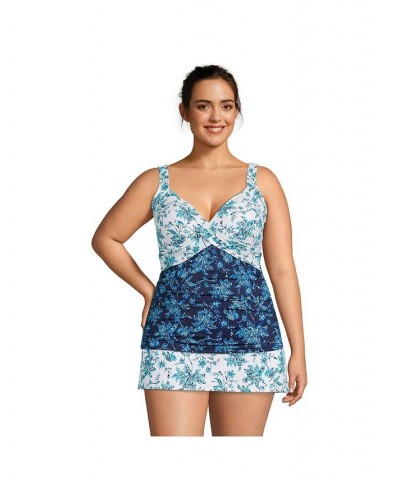 Women's Plus Size Long V-Neck Wrap Underwire Tankini Swimsuit Top Blue $44.62 Swimsuits