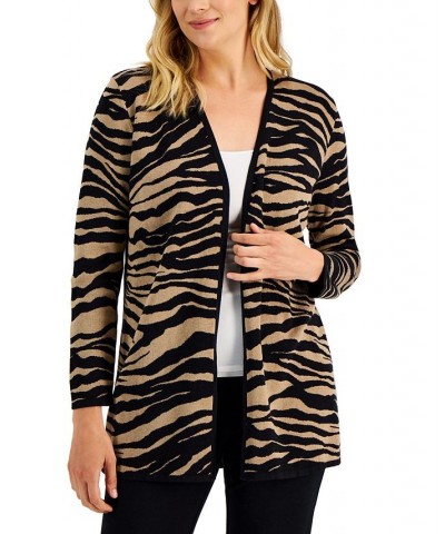 Zebra-Print Long Open Cardigan New Fawn Combo $12.37 Sweaters