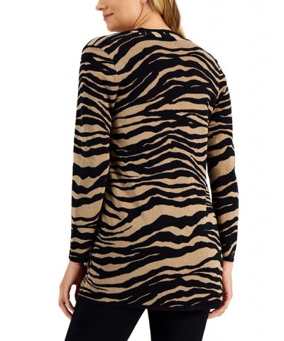 Zebra-Print Long Open Cardigan New Fawn Combo $12.37 Sweaters