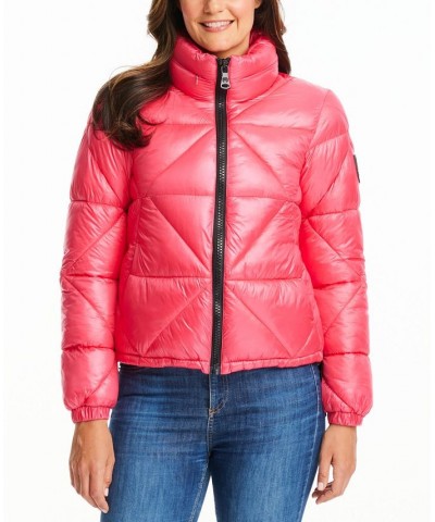 Women's Shine Hooded Cropped Puffer Coat Pink $57.40 Coats