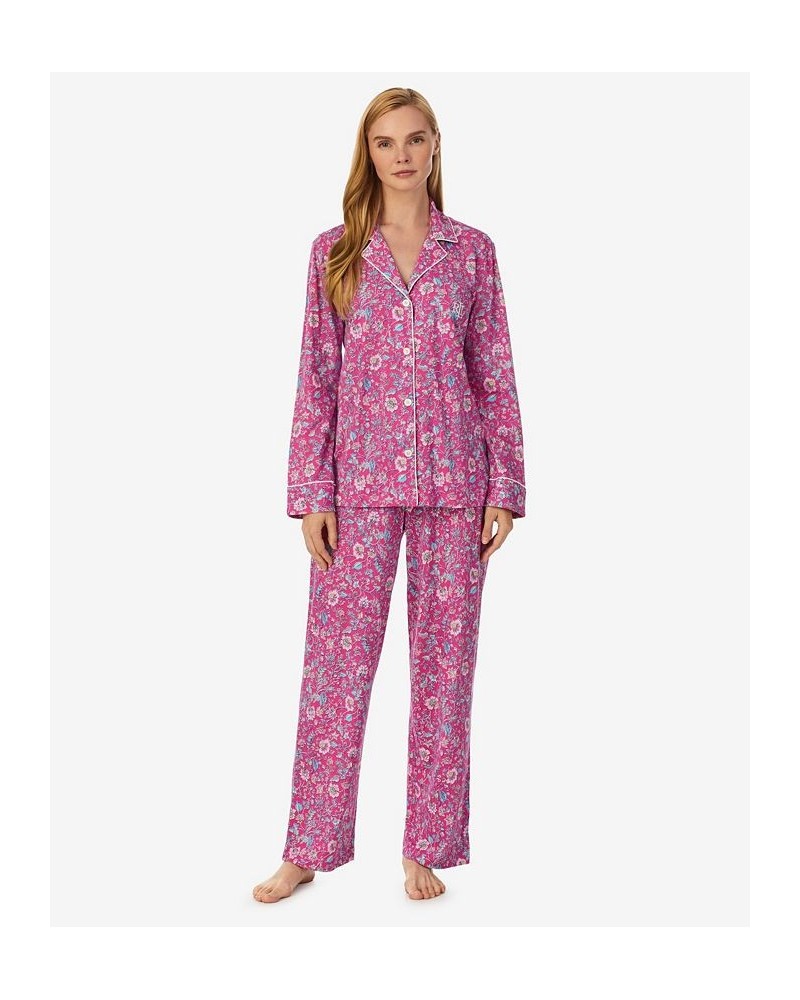 Women's Long Sleeve Notch Collar Long Pant Pajama Set 2 Pieces Pink Floral $32.62 Sleepwear